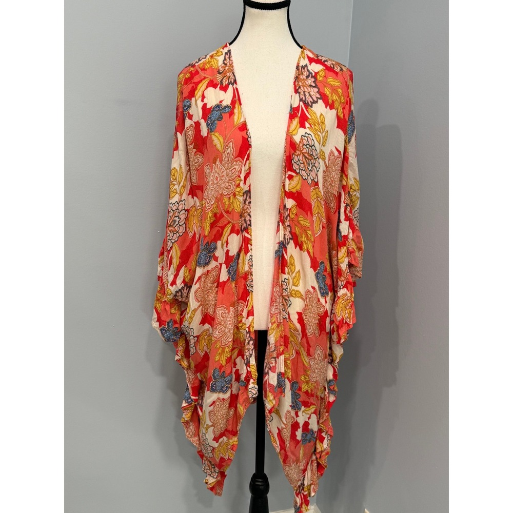 O'Neill Women Floral Kimono Wrap Coral Orange Yellow Ruffle Trim Cover Up Large